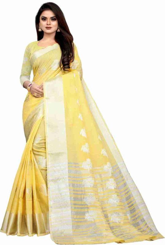 Striped Paithani Cotton Silk Saree  (Yellow)