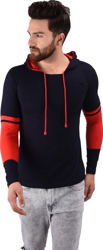Men Colorblock Hooded Neck Cotton Blend Black, Orange T-Shirt