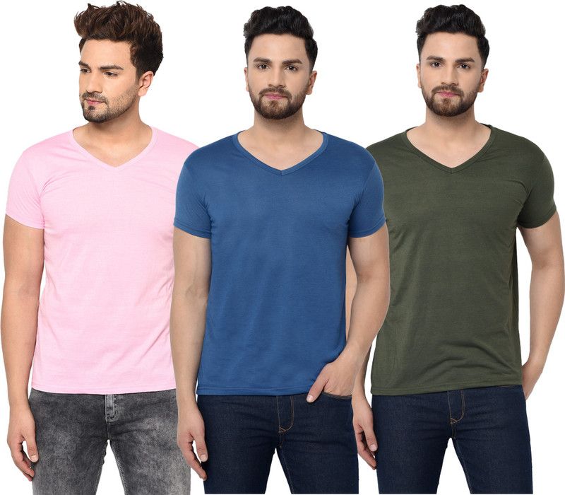Pack of 3 Men Solid V Neck Cotton Blend Dark Green, Blue, Pink T-Shirt