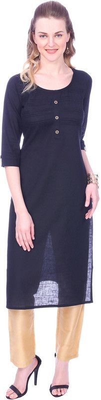 Women Solid Pure Cotton Straight Kurta  (Dark Blue)