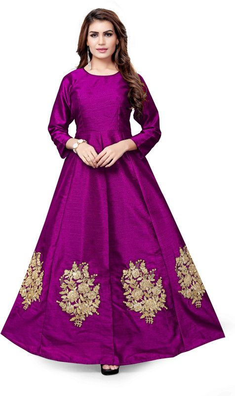 Embroidered Silk Blend Semi Stitched Anarkali Gown  (Purple, Gold)