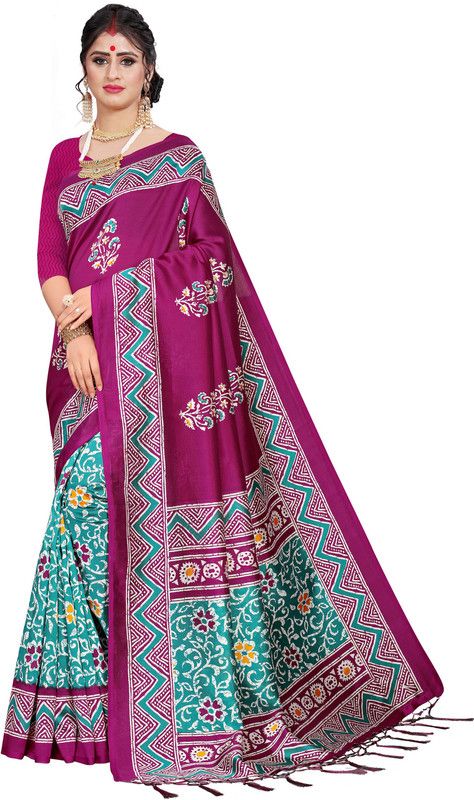 Printed, Self Design, Embellished, Floral Print Fashion Silk Blend Saree  (Purple)