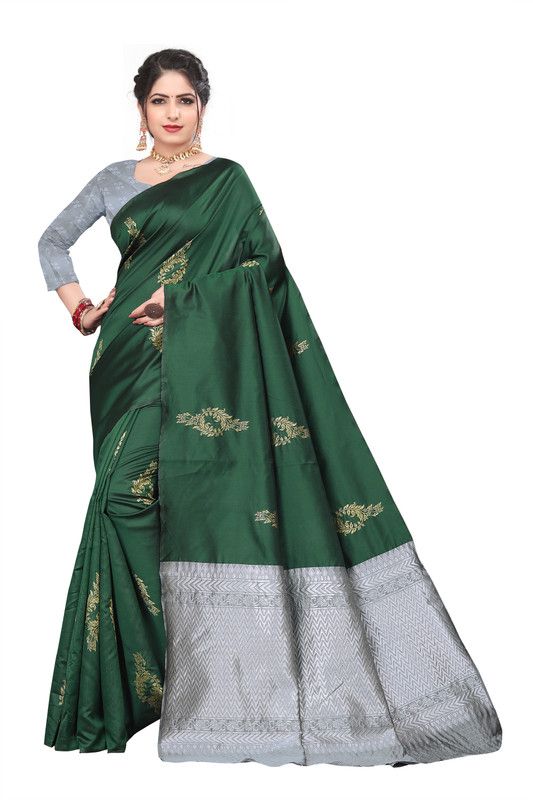Animal Print Assam Silk Jacquard Saree  (Dark Green)