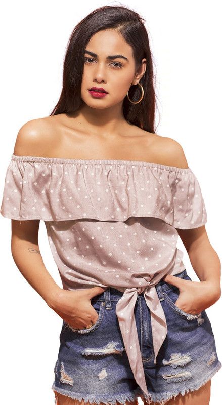 Party Regular Sleeves Polka Print Women Beige Top