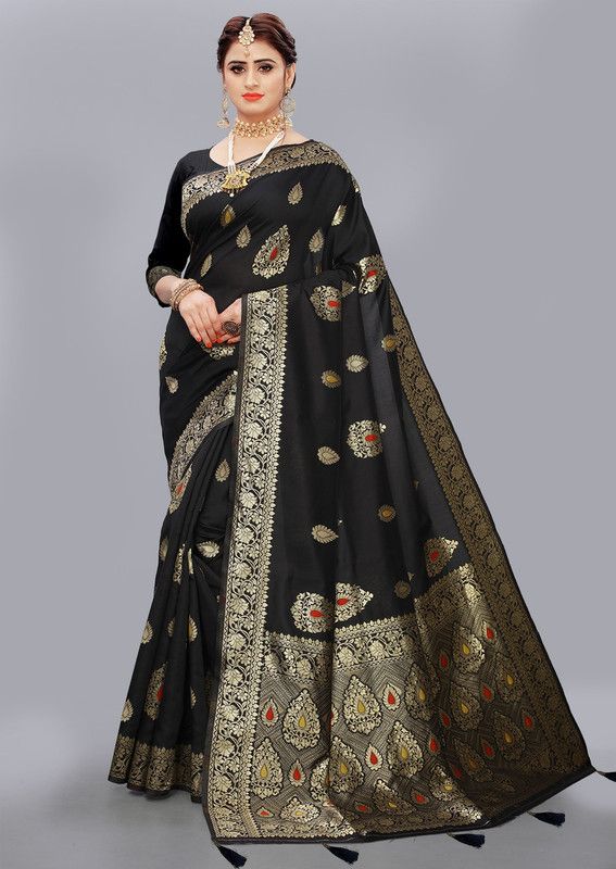 Self Design, Paisley, Woven, Embellished Kanjivaram Silk Blend, Jacquard Saree  (Black)