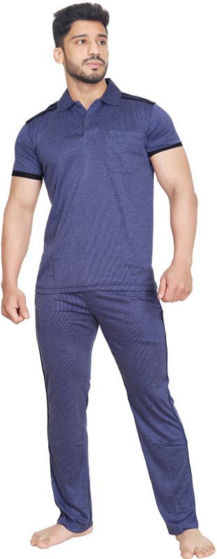 Men Co-ords Dark Blue Striped, Self Design