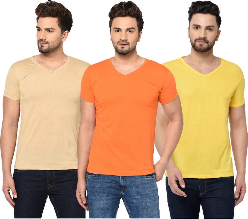 Pack of 3 V neck Combo T-shirts Multicolor Men Solid V Neck Cotton Blend Orange, Beige, Yellow T-Shirt