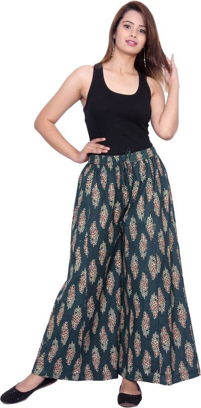Women Flared Green Cotton Blend Trousers