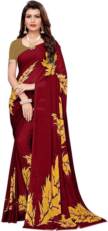 Printed Daily Wear Georgette Saree  (Maroon, Yellow)