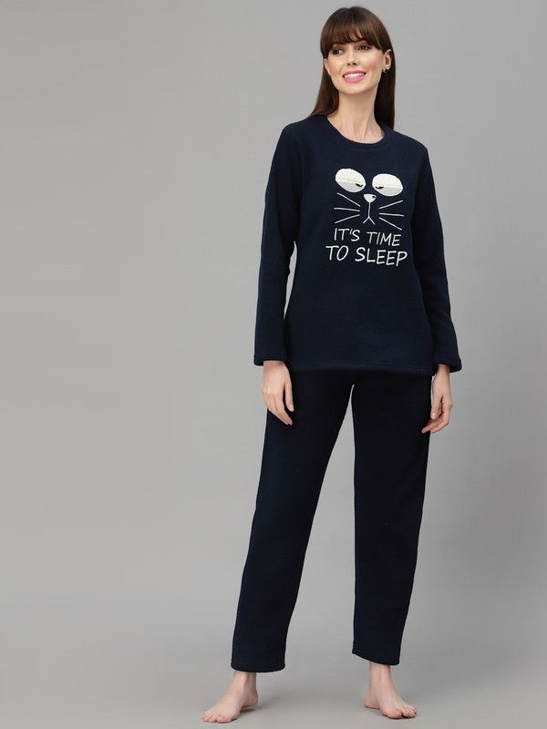 Women Night Suit Set Dark Blue Printed