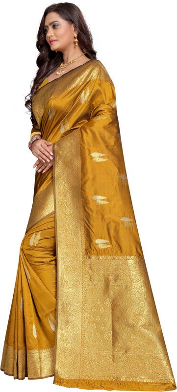 Embellished, Woven Kanjivaram Jacquard, Art Silk Saree  (Gold)