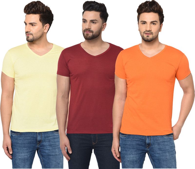 Pack of 3 V neck Combo T-shirts Multicolor Men Solid V Neck Cotton Blend Maroon, Orange, Yellow T-Shirt