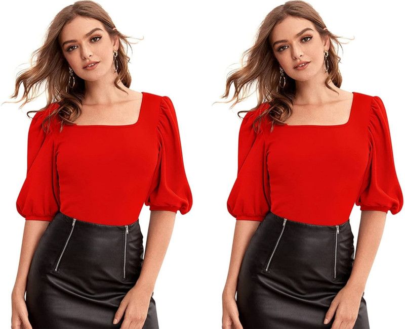 Pack of 2 Casual Puff Sleeves Solid Women Red Top