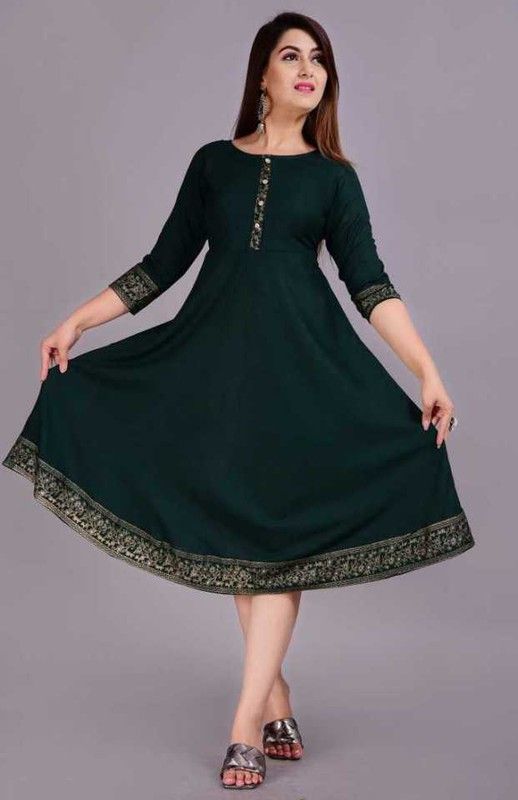 Women Solid Cotton Rayon Anarkali Kurta  (Dark Green)