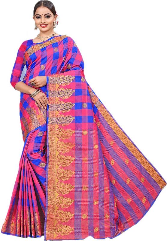Printed, Checkered Bollywood Cotton Silk Saree  (Blue, Pink)