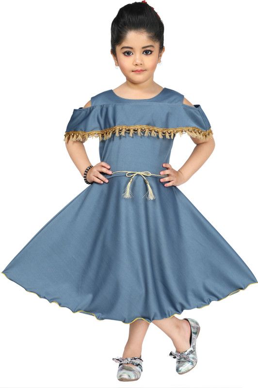 Girls Calf Length Casual Dress  (Grey, Short Sleeve)