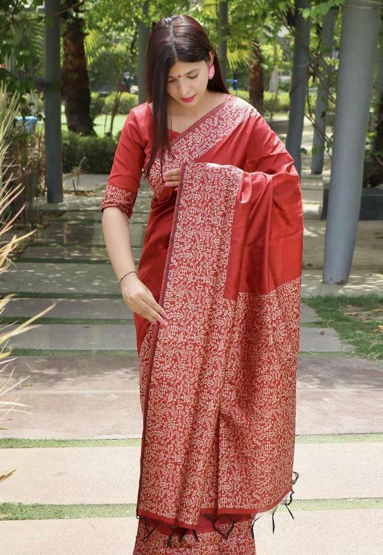 Striped Banarasi Silk Blend Saree  (Red)