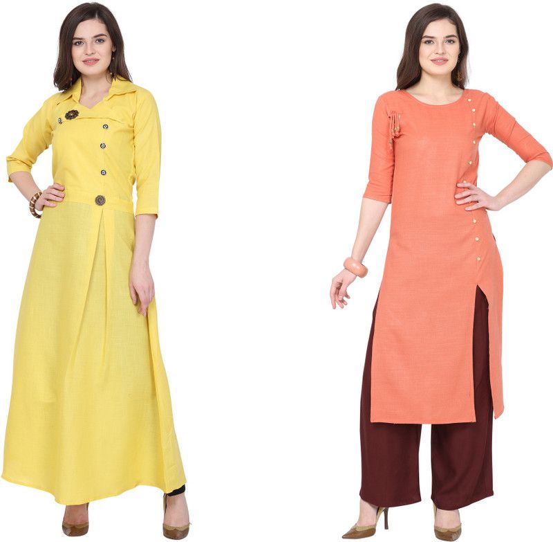 Pack of 2 Women Solid Cotton Blend Flared Kurta  (Pink, Yellow)