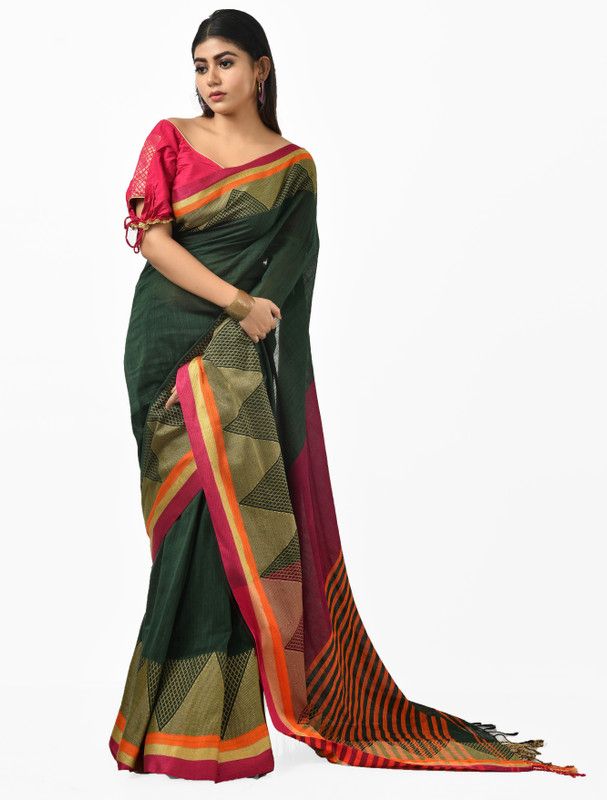 Woven Handloom Handloom Cotton Blend Saree  (Dark Green)