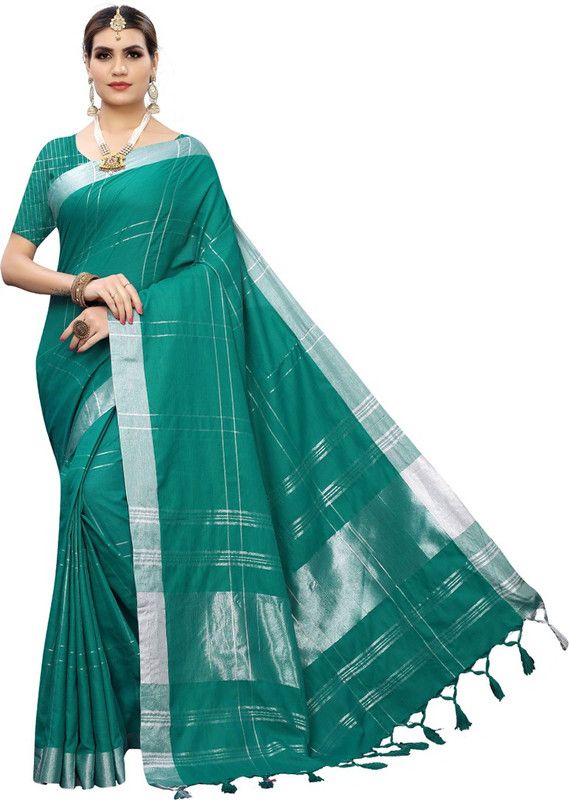Checkered Bollywood Cotton Linen Saree  (Light Green)