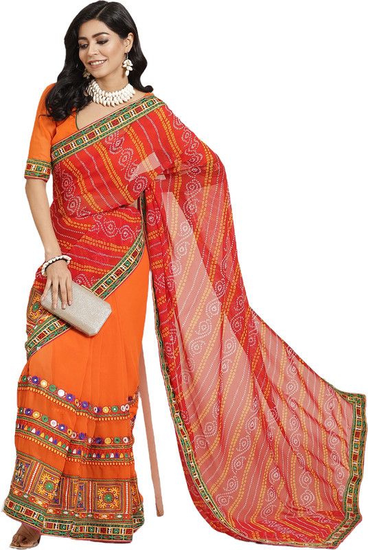 Self Design, Embroidered, Printed Bandhani Georgette Saree  (Red, Orange)
