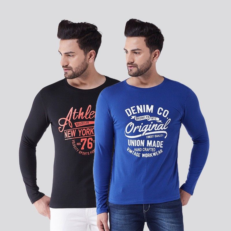 Pack of 2 Men Typography Round Neck Cotton Blend Blue, Black T-Shirt