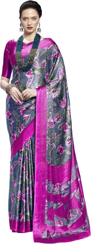 Floral Print Bollywood Crepe, Satin Saree  (Dark Green)