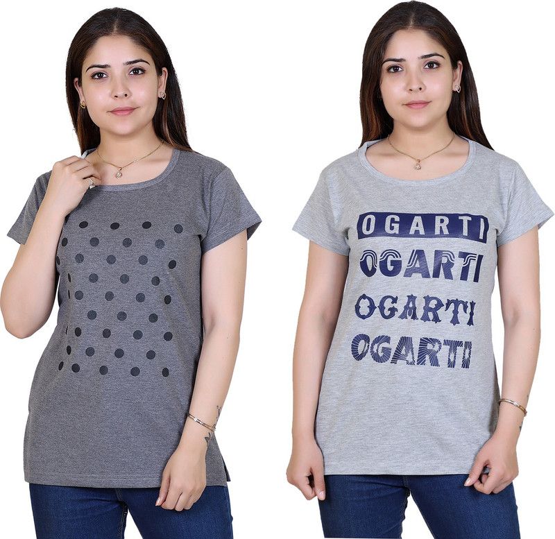 Pack of 2 Casual Cap Sleeves Printed Women Grey Top