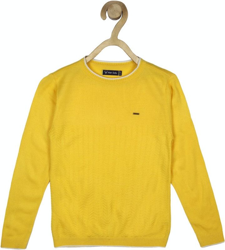 Boys Solid Crew Neck Yellow Sweater
