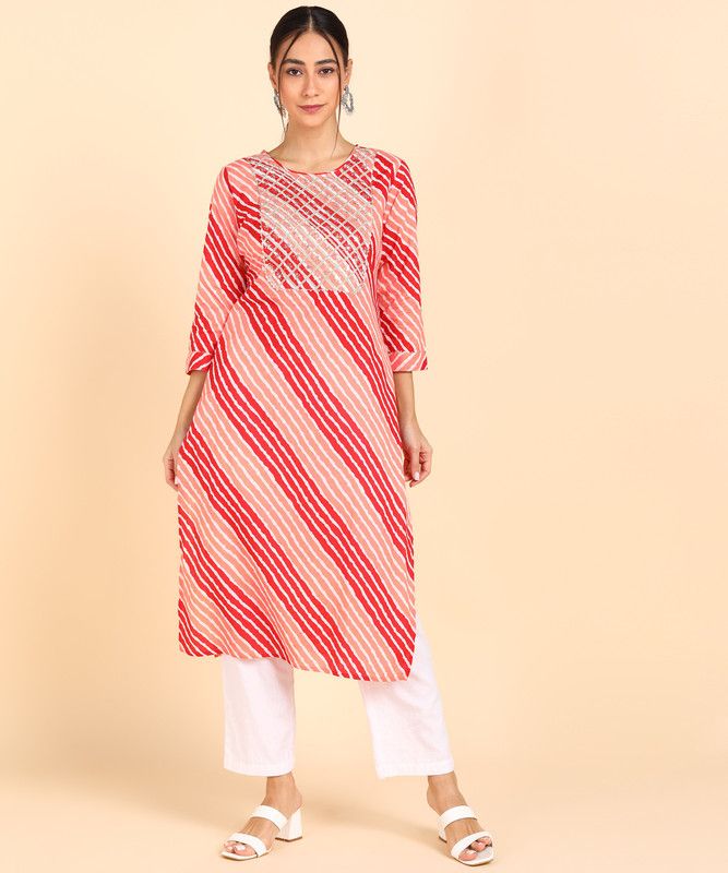 Women Leheriya Pure Cotton Straight Kurta  (Red)