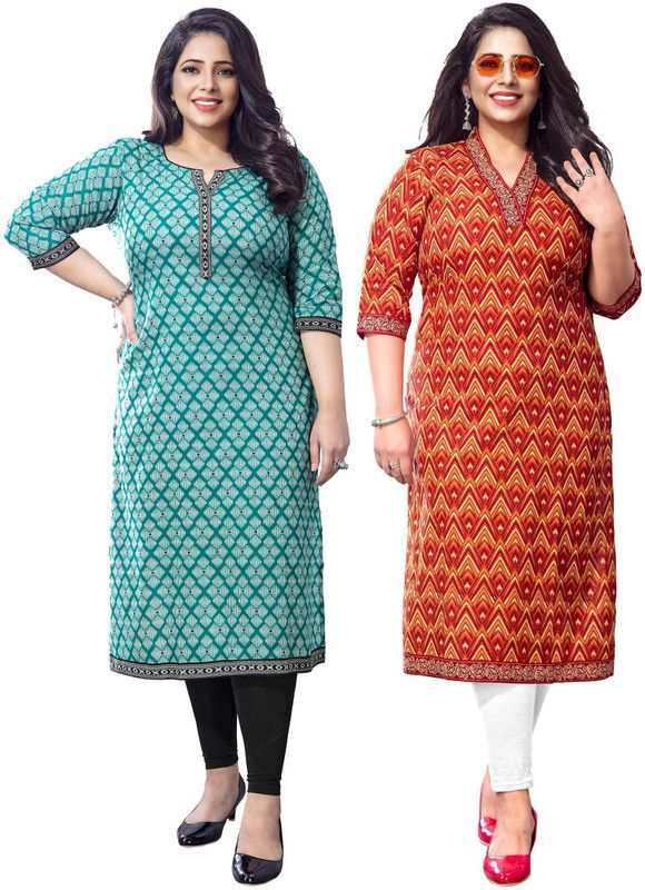 Pack of 2 Women Block Print, Geometric Print Pure Cotton Straight Kurta  (Red, Green)