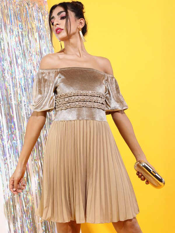 Women Pleated Gold Dress