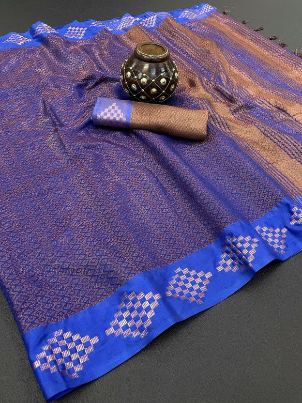 Checkered Ikkat Chiffon Saree  (Dark Blue)