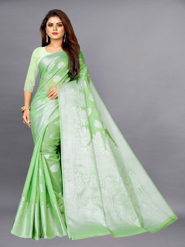 Banarasi Cotton Silk Saree  (Green, White)