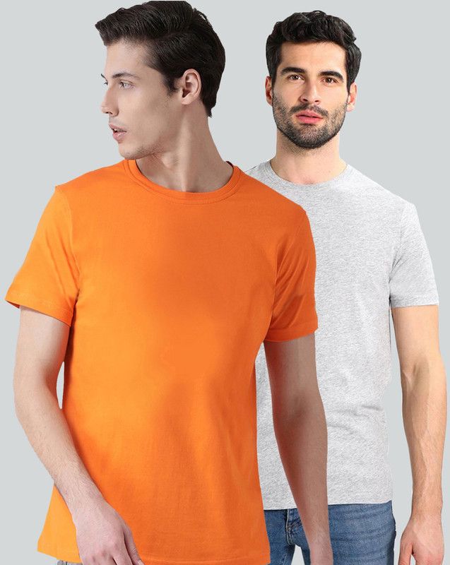 Pack of 2 HS-PLAIN Men Solid Round Neck Pure Cotton Orange, Grey T-Shirt