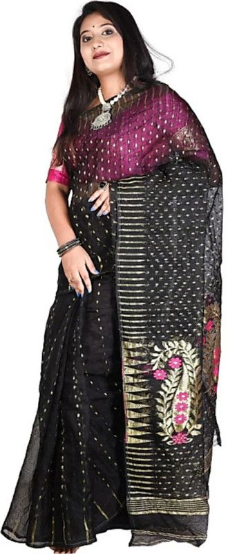 Self Design, Woven Jamdani Cotton Silk Saree  (Black)