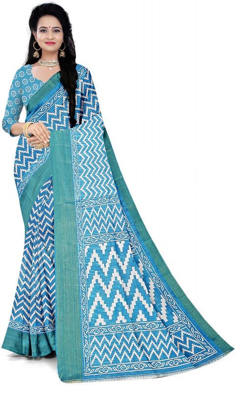 Leheria Cotton Blend Saree  (Light Blue, White)