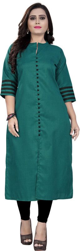 Women Solid Pure Cotton Straight Kurta  (Dark Green)