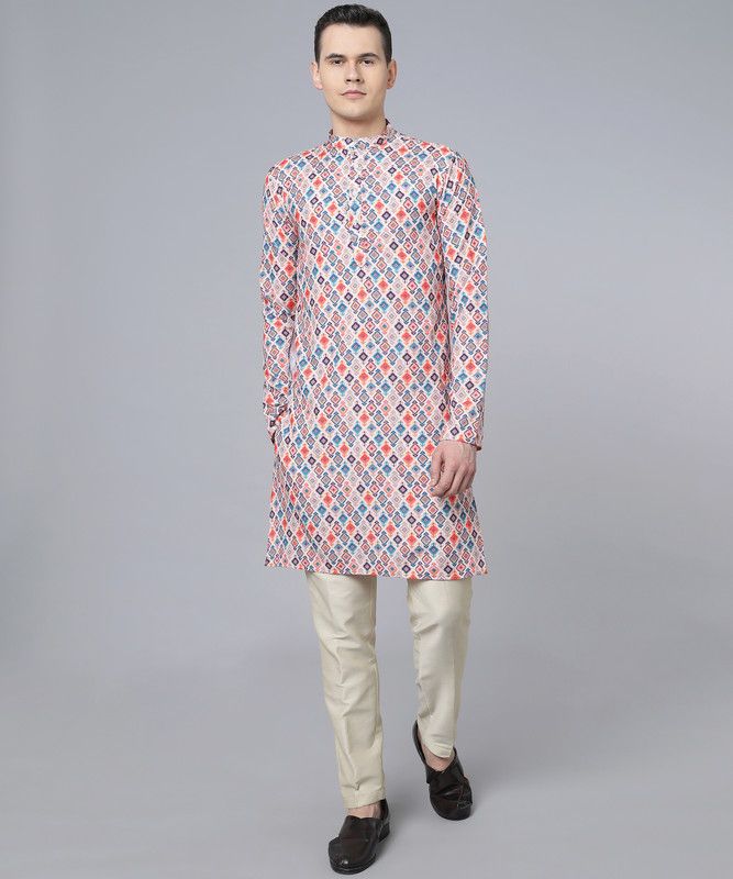 Men Printed Cotton Blend A-line Kurta  (Red)