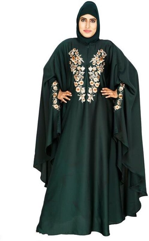 ARoohSa ABAYA_BURQA_GREEN_0321 Crepe Self Design Abaya With Hijab  (Green)