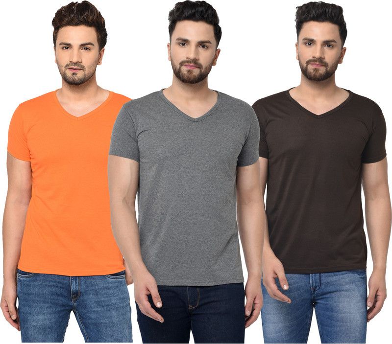 Pack of 3 V neck Combo T-shirts Multicolor Men Solid V Neck Cotton Blend Brown, Orange, Grey T-Shirt
