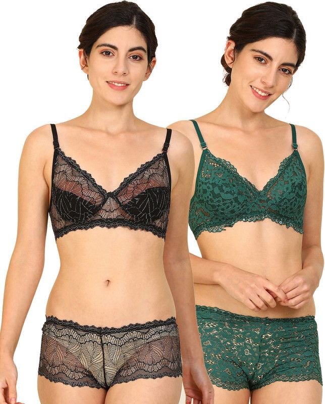 Bra & Panty Set Self Design Black, Green Lingerie Set