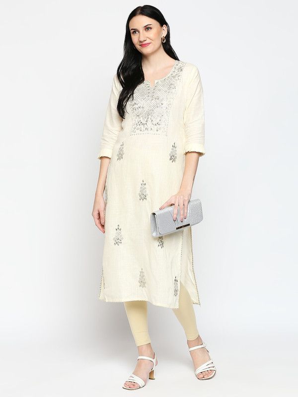 Women Embroidered Pure Cotton Straight Kurta  (Silver)