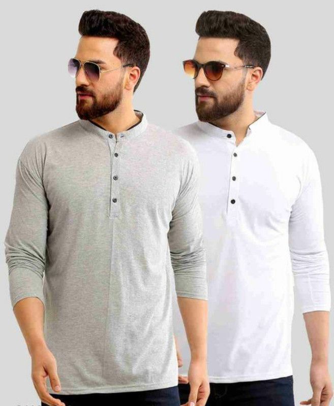 Pack of 2 Men Solid Mandarin Collar Cotton Blend Grey T-Shirt