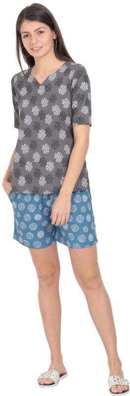 Women Top & Shorts Set Grey, Blue Self Design
