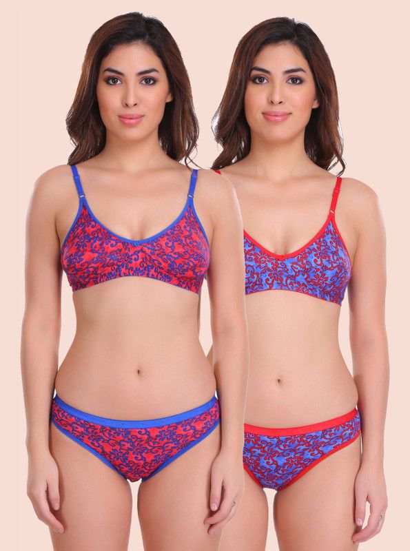 Bra & Panty Set Self Design Dark Blue, Red Lingerie Set