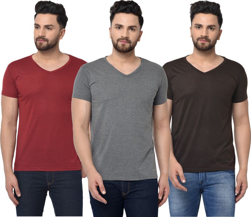 Pack of 3 V Neck T-Shirt Combo of 3 Men Solid V Neck Cotton Blend Brown, Maroon, Grey T-Shirt