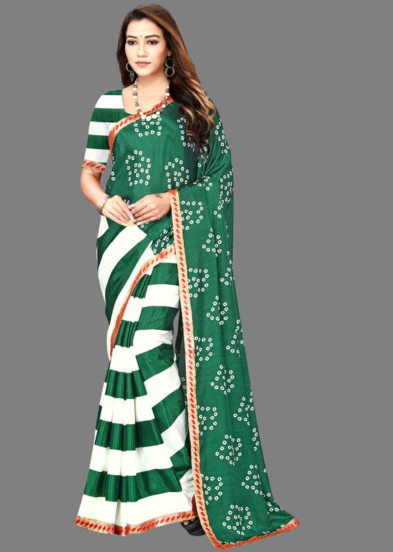 Printed Bandhani Silk Blend Saree  (Dark Green, White)