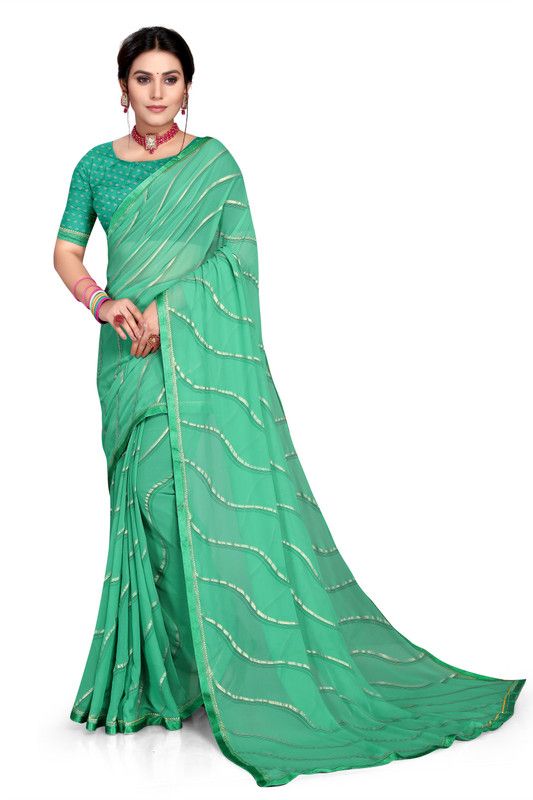 Striped Bollywood Silk Blend, Cotton Blend Saree  (Green)