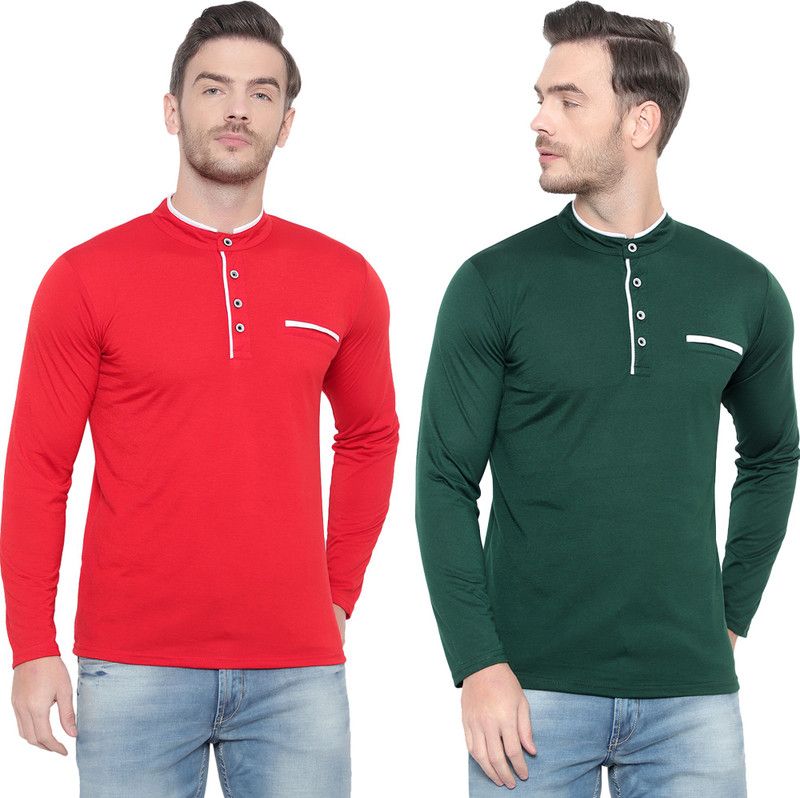 Pack of 2 Men Solid Mandarin Collar Cotton Blend Red, Green T-Shirt